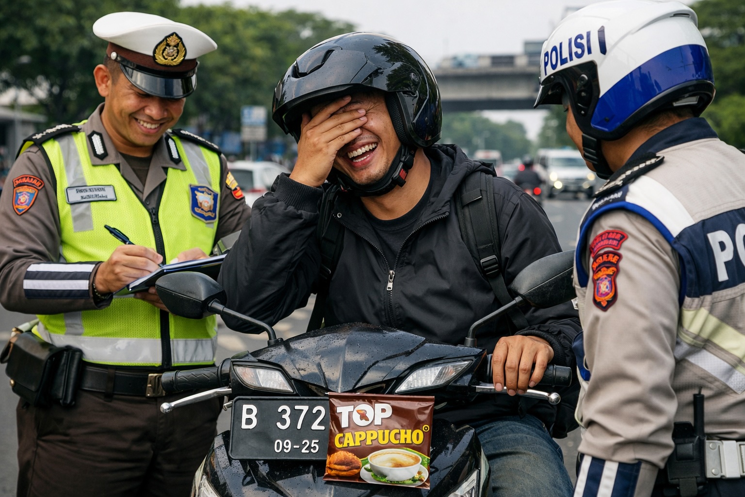 Ilustrasi pengendara ditilang karena tutup pelat nomor dengan bungkus kopi. AI Generated Image