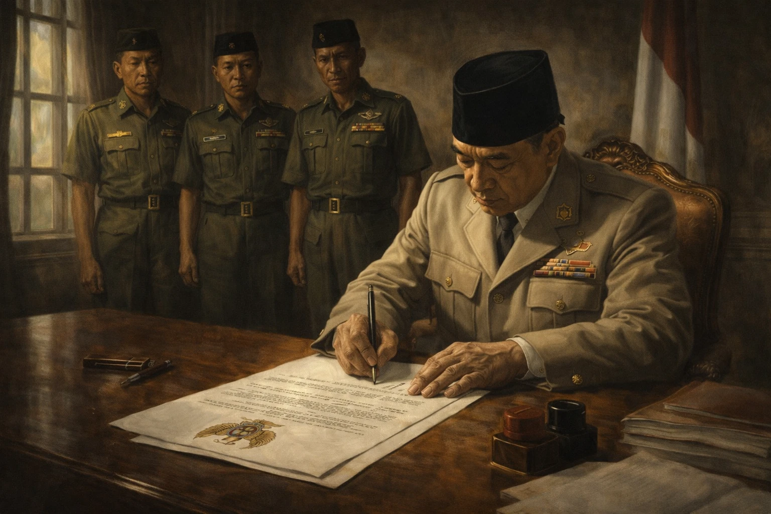 Ilustrasi Soekarno menandatangani Surat Perintah Sebelas Maret (Supersemar).