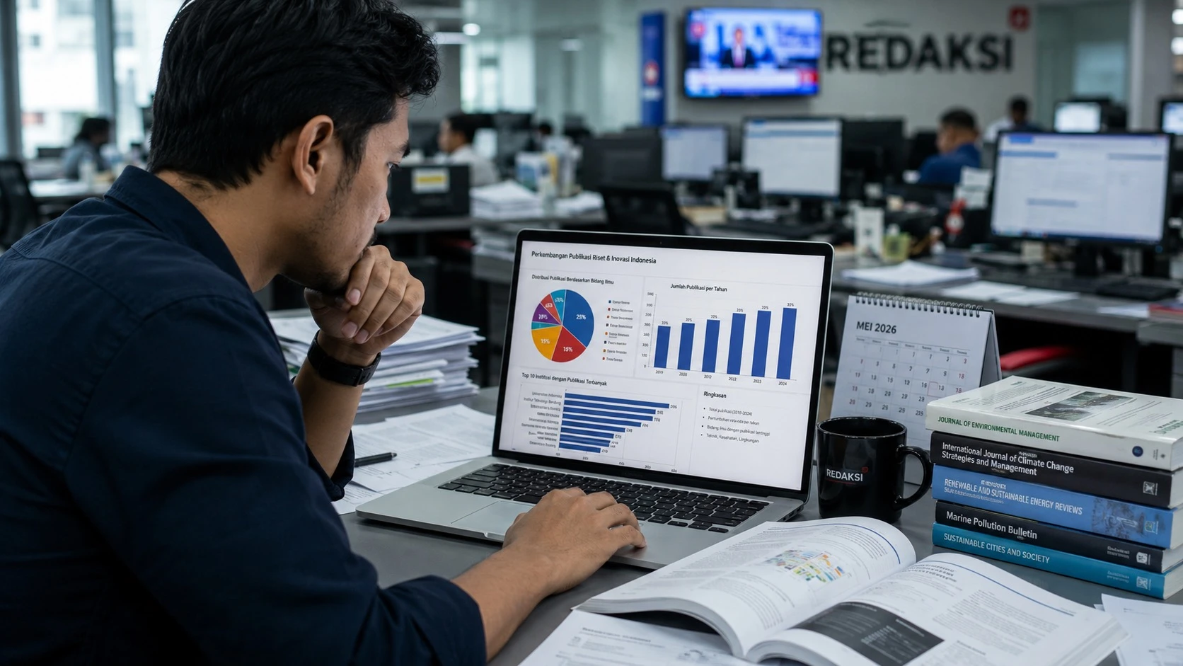 membaca data ilmiah, wartawan, ruang redaksi, jurnalisme