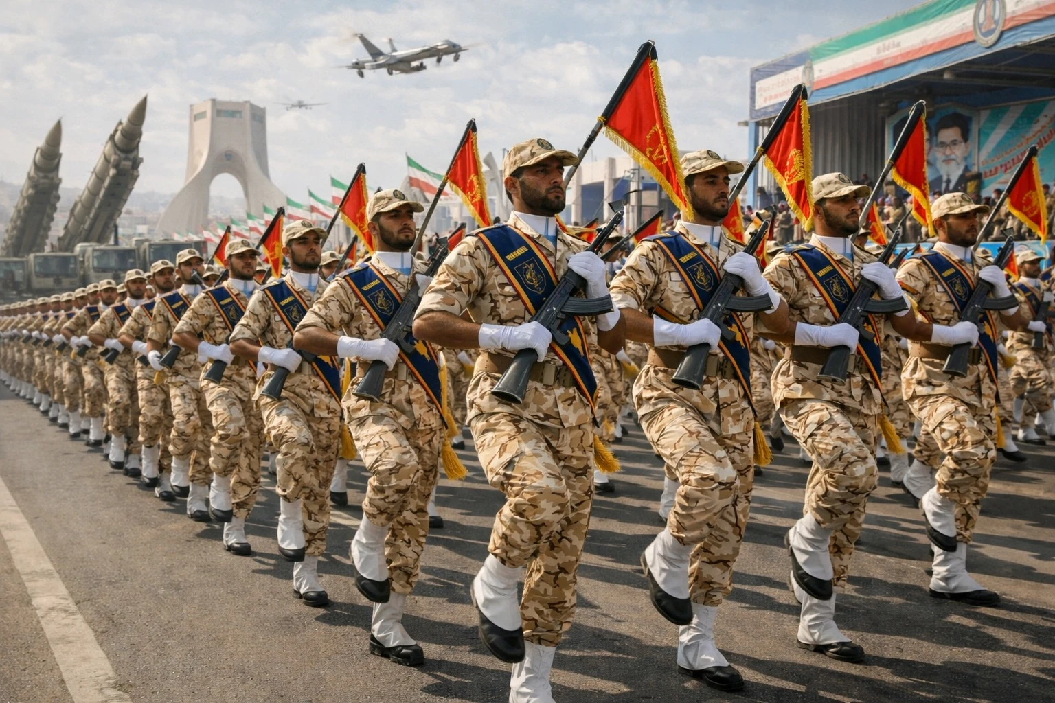 Anggota Garda Revolusi Iran berbaris dalam parade
