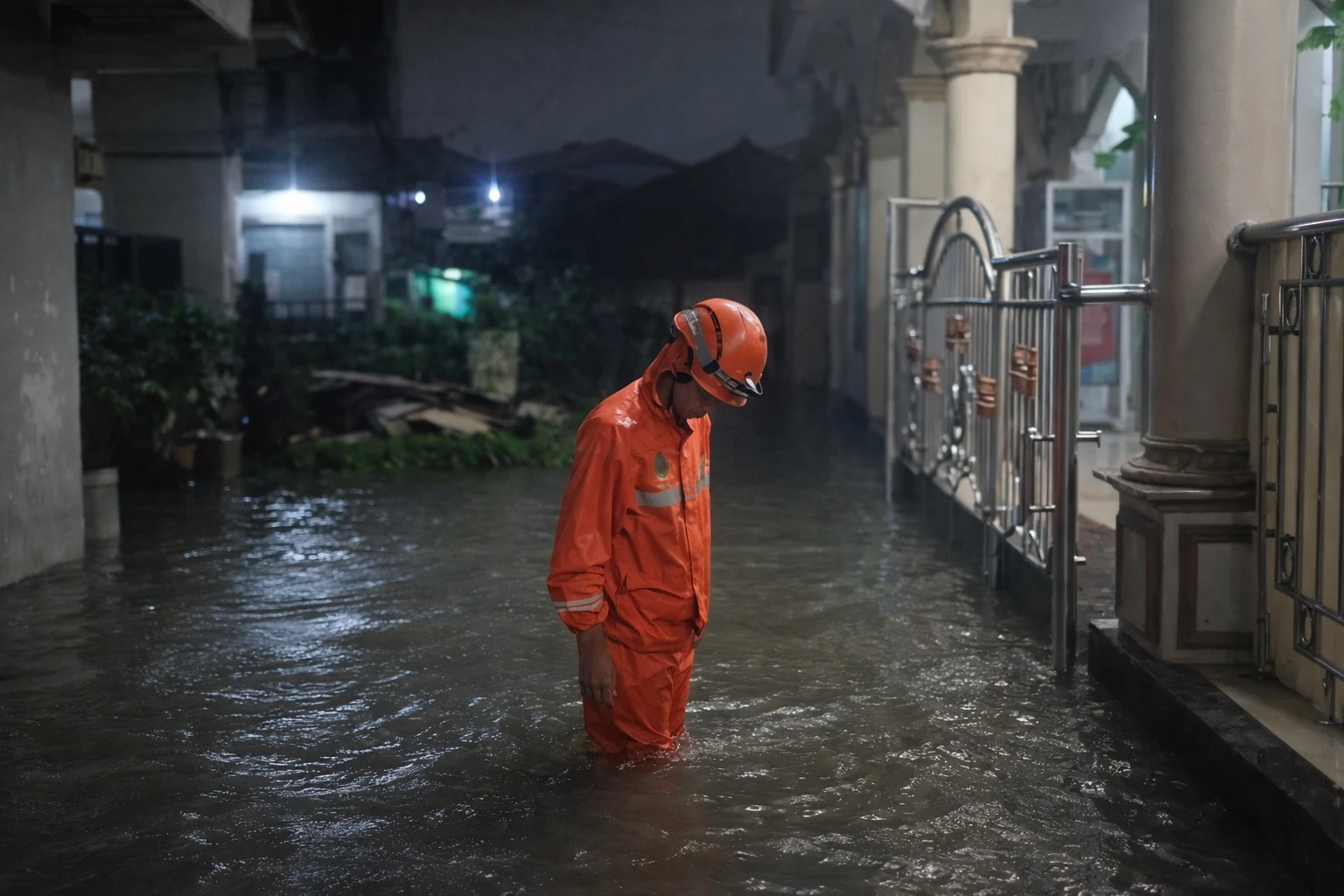 Petugas BPBD DKI Jakarta saat memantau kondisi banjir di Jakarta, Minggu (8/3/2026)