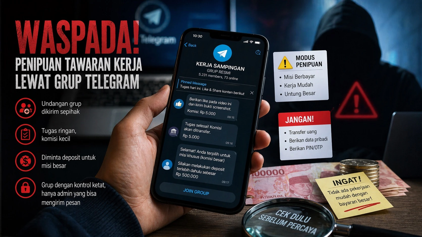 Waspadai Penipuan Tawaran Kerja Lewat Grup Telegram
