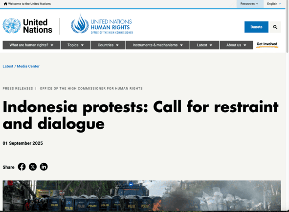 Keterangan resmi Kantor Hak Asasi Manusia Perserikatan Bangsa-Bangsa (HAM PBB) terkait kekerasan yang terjadi di Indonesia terkait gelombang protes nasional.