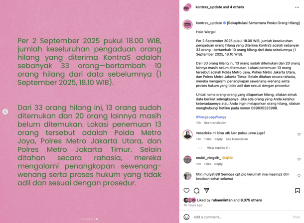 Kontra: Laporan Orang Hilang Bertambah Jadi 33 Orang, 13 Orang Sudah Ditemukan