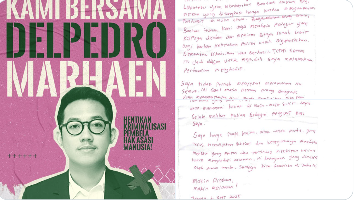 Surat Direktur Eksekutif Lokataru Delpedro Marhaen yang kini ditetapkan menjadi tersangka dugaan penghasutan