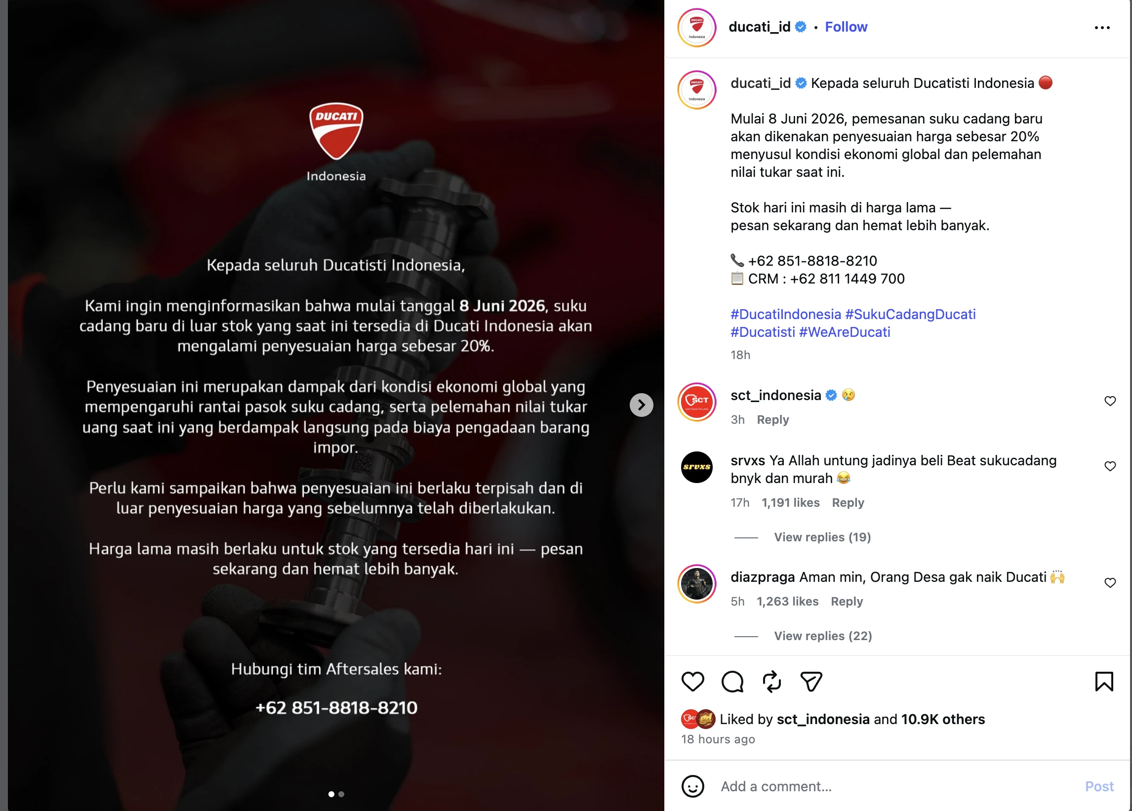 Ducati Indonesia Naikkan Harga Suku Cadang 20% Mulai 8 Juni 2026